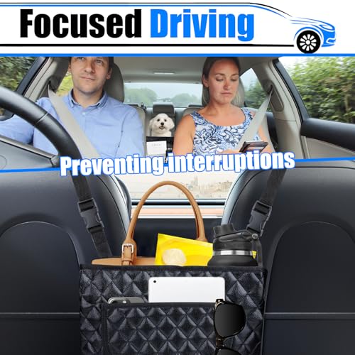 Car Purse Holder Between Seats, Leather Front Seat Car Organizer | Large Capacity Car Net Pocket Handbag Holder, Backseat Barrier Storage Bag Fits for Car, Truck, SUV, Purse Holder for Car