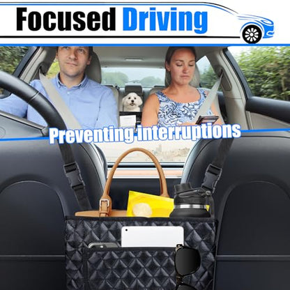 Car Purse Holder Between Seats, Leather Front Seat Car Organizer | Large Capacity Car Net Pocket Handbag Holder, Backseat Barrier Storage Bag Fits for Car, Truck, SUV, Purse Holder for Car