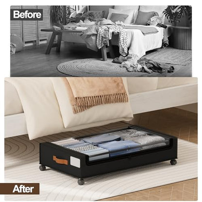 LAMU Under Bed Storage with Wheels, 4Pack Underbed Storage Containers,Black | Smooth-rolling Wheels, Clear Lid & Label, Sturdy Metal Frame, Easy Install, Rolling Storage Drawers for Clothes, Shoes, Toys