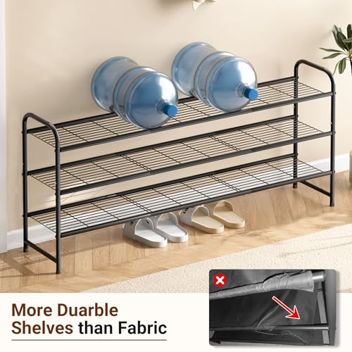 3-Tier Long Shoe Rack for Closet Metal Shoe Organizer for Entryway, Wide Stackable Shoe Storage Shelf with Sturdy Wire Grid for Closet Floor, Bedroom, Black