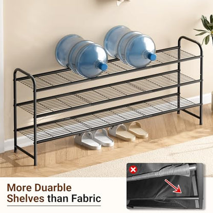 3-Tier Long Shoe Rack for Closet Metal Shoe Organizer for Entryway, Wide Stackable Shoe Storage Shelf with Sturdy Wire Grid for Closet Floor, Bedroom, Black