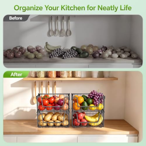 4 Pack Foldable Wire Basket for Pantry Organizers and Storage, Stackable Vegetable Fruit Basket for Kitchen Counter, Black Potato and Onion Storage Bin