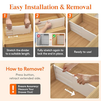 Lifewit 8" Tall Drawer Dividers, Adjustable Deep Drawer Organizer Clothes | 4 Pack 13.8"-22.2" Expandable White Plastic Separators for Dresser, Kitchen, Cabinet, Closet, Office Organization & Storage