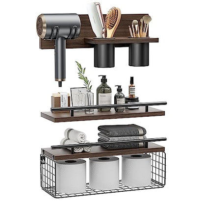 Bathroom Floating Shelves with Hair Dryer Holder - Wall Mounted Wood Wall Shelf with Blow Dryer Storage Over The Toilet - Set of 3 Rustic Brown Farmhouse Decor