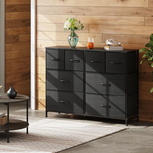 WLIVE Wide Dresser for Bedroom, 8 Drawer Chest of Drawers, Black | 8 roomy fabric drawers, Wide storage design, Bedroom or closet use, Sturdy steel frame, Smooth wood tabletop