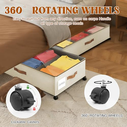 Under Bed Storage with Wheels, Rolling Storage Containers with Clear Lid and Handles for Clothes, Shoes, Blankets, Pillows, Toys, Books, Bags (60L, 30.9 x 16.9 x 6.7in, Beige, 2 Pack)