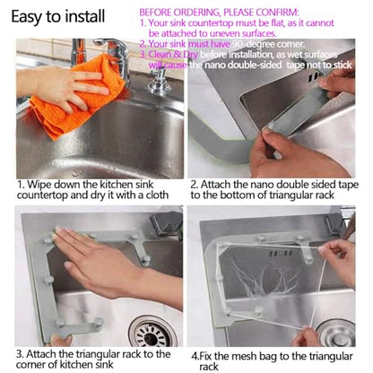 Kitchen Sink Triangle Tri-Holder Filter, Kitchen Sink Strainer, Sink Drain Strainer, with a Triangular Gray Rack and 200PCS Large Size Filtering Mesh Bags for Kitchen Leftover