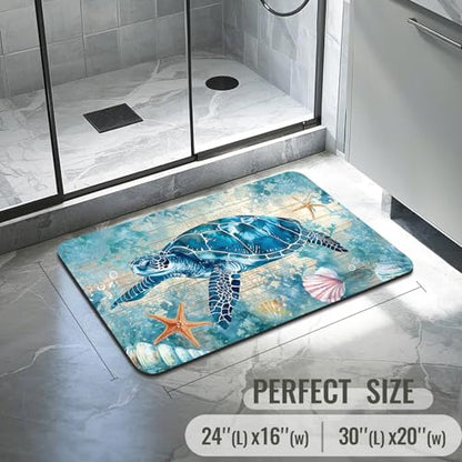Turtle Bathroom Rugs, Quick Dry Absorbent Non Slip Bath Mat 16x24 in | Rubber Backing, Machine Washable Bathroom Mat for Shower, Tub and Sink Areas with Beach Seashell Ocean Blue