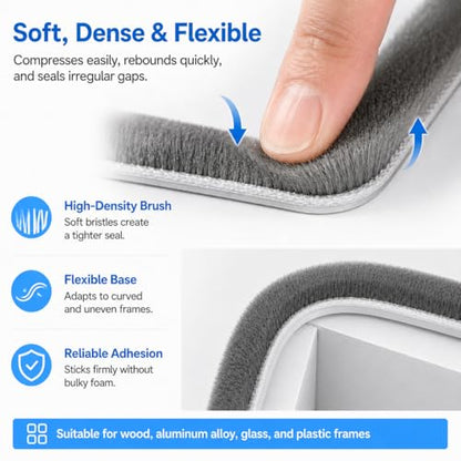 Brush Weather Stripping, Self-Adhesive Pile Door Seal Strip for Sliding Doors and Windows, Felt Weatherstrip Draft Stopper, Soundproof Dustproof Window Gap Seal, Gray, 40FT