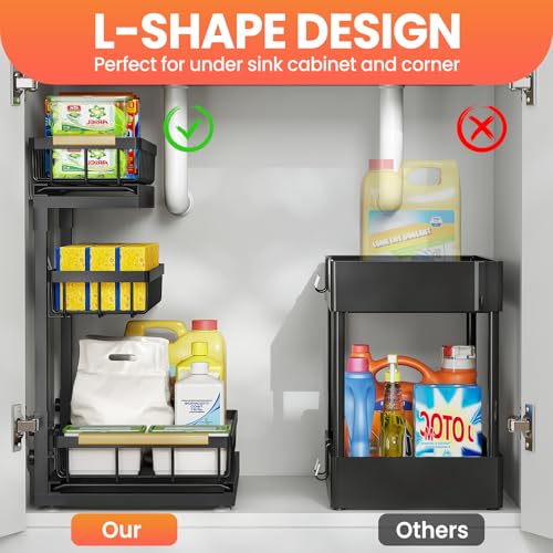 Under Sink Organizer and Storage 2 Pack 3 Tier Kitchen Bathroom Organizers | 3 Tier Black Undersink Organizers - Pull Out Cabinet Organization for Home Shelves and Drawers Cleaning Supplies Organizer