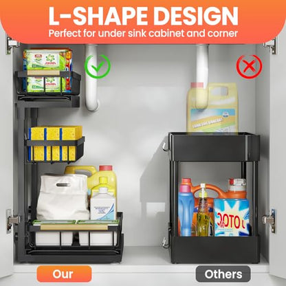Under Sink Organizer and Storage 2 Pack 3 Tier Kitchen Bathroom Organizers | 3 Tier Black Undersink Organizers - Pull Out Cabinet Organization for Home Shelves and Drawers Cleaning Supplies Organizer