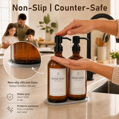 Fachixy Amber Glass Soap Dispenser 2 Pack, 16 Fl Oz, 14 Waterproof Labels | Leak-Resistant Stainless Steel Pump, Non-Slip Pad, Hand & Dish Soap Dispenser Bottles Set for Kitchen and Bathroom