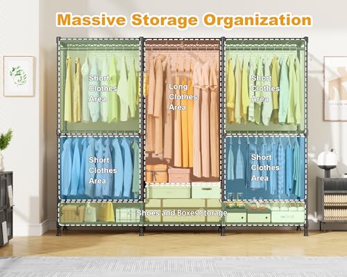 E14C Pro Heavy Duty Closet Organizer System，Freestanding Clothing Racks for Hanging Clothes，Adjustable Garment Rack 69" W × 16" D × 77" H Hold 960 lbs，Black Rack with Black Dustproof Cover
