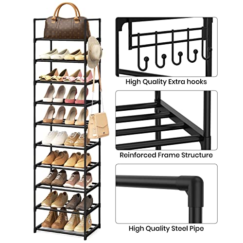 Narrow Shoe Rack 10 Tiers Tall Shoe Rack for Entryway Closet 20 24 Pairs Shoe & Boots Organizer Storage Shelf Durable Black Metal Stackable Shoe Cabinet with Hooks, 17.1D x 11.8W x 78.7H in