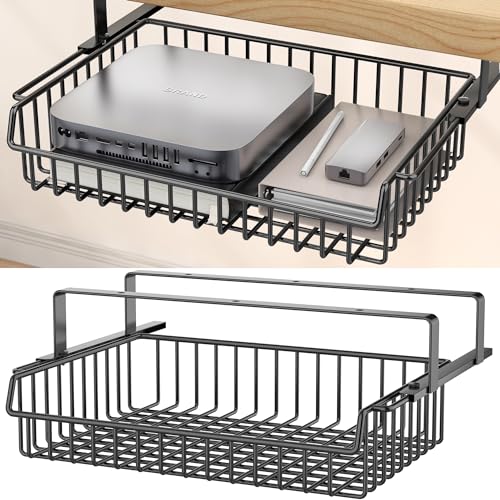 ENONCI Under Desk Drawer Slide Out No Drill Metal Storage Cabinet | Shelf Storage Basket Cabinet, Under Table Drawer Organizer for Office, Home, Workspace, Cabinet