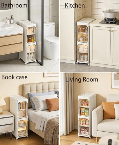 2-Tier Narrow Storage Cabinet Slim Bathroom Skinny Organizer with Wheels | Slim Storage Cabinet with Lockable Rolling Wheels Adjustable Detachable Shelves Snap Assembly for Small Spaces,Snow White