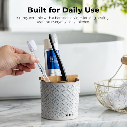 Toothbrush Holders, Ceramic Electric Toothbrush & Toothpaste Holder | Detachable 3 Slots Tooth Brush Cup with Drain Holes & Bamboo Divider, Makeup Brush Storage Holder for Bathroom, Family, Kids