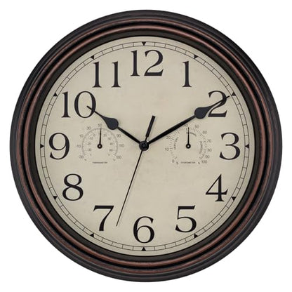 Foxtop Indoor Outdoor Waterproof Wall Clock with Thermometer and Hygrometer Combo, 14 Inch Retro Silent Non-Ticking Battery Operated Quartz Round Outdoor Clocks for Patio Home Office (Bronze)