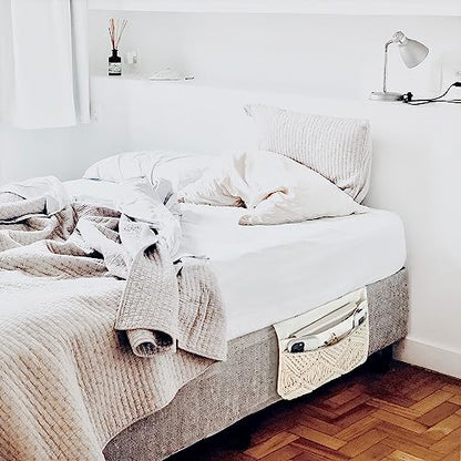 Mkono Macrame Bedside Caddy, Boho Bed Storage Organizer, 4 Pockets Ivory | Dorm Room Bed Caddy, Home Decor, Remote Control Magazine Glasses, Bedroom Living Room, Non-Slip, Space Saving Holder