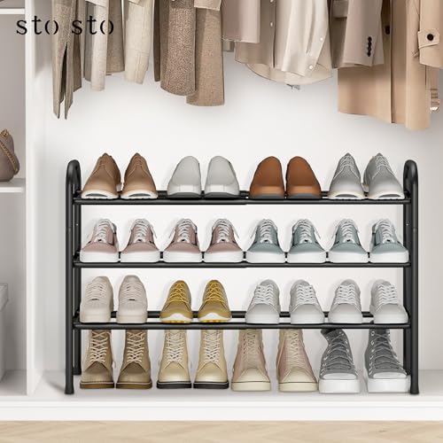 STO STO Expandable Shoe Rack, 3-Tier Metal Small Shoe Rack for Closet, Up to 16 Pairs Adjustable Shoes Racks Storage for Front Door Entrance, Free Standing Shoes Rack Organizer for Entryway, Black