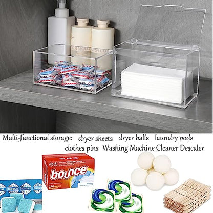 Acrylic Dryer Sheet Holder, Dryer Sheet Dispenser with Lid, Clear | Laundry Room Storage Organizer for Fabric Softener Sheets, Transparent Acrylic Container Box with Anti Scratch Film