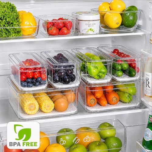 6 Pack Clear Fridge Organizer Bins with Drain Trays - Stackable