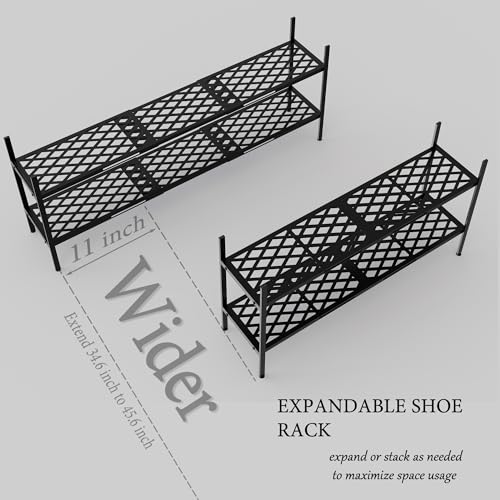 Shoe Rack, 45.6" Expandable Shoe Storage Organizer for Closet - Stackable | 2-Tier Metal Long Shoe Shelf with Sturdy Wire Grid Shoe Stand Holder for Entryway, Garage, Bedroom, Door Entrance, Black
