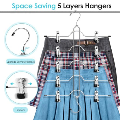 Skirt Hangers with Clips 5 Tier Pants Hangers Space Saving 2 Pack | Rustproof Metal Hangers, Multi Shorts Hanger with Adjustable Clips, Closet Organizer and Storage for Jeans Leggings Shorts