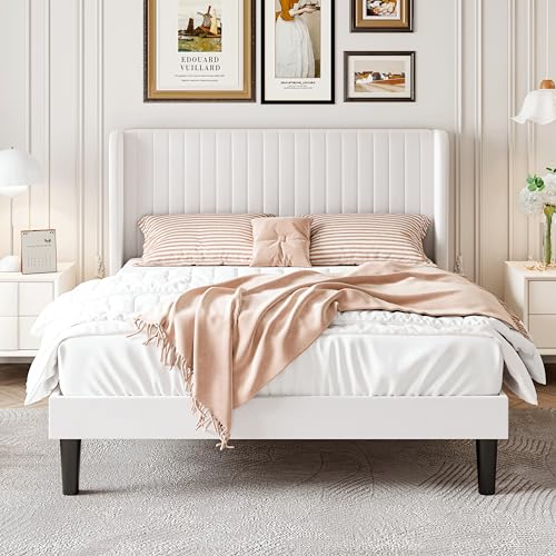 SHA CERLIN Full Size Velvet Bed Frame, Tufted Wingback Headboard, White