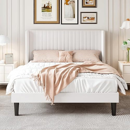 SHA CERLIN Full Size Velvet Bed Frame, Tufted Wingback Headboard, White