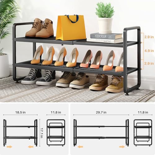 Expandable Metal Shoe Rack for Closet, Entryway & Garage, 2-Tier, Black | Adjustable Height for Boots, Stackable Design, Dense Mesh Shelves for Heels, Fits Small Spaces, Apartments and Rentals