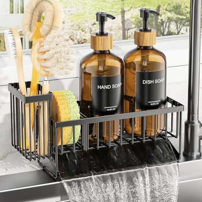 Kitchen Dish Soap Dispenser Set with 2 Pack 16.9oz Amber Glass Bottle and Sponge Holder, Dish Soap Dispensers with Adjustable Sponge Holder, Vintage Hand and Dish Soap Dispensers Set