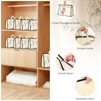 12 Packs Dust Bags for Handbags,4 Sizes Beige Clear Handbag Storage Organizer for Closet, Purse Organizer with Zipper Handle and 12 Pcs Hooks