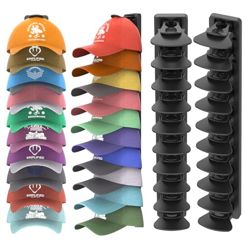 Hat Organizer for Baseball Caps Hold Up to 40 Hats, 2 Pack Hat Rack for Wall, Strong Adhesive Hat Storage Display Holder for Closet Door and Wall (Black)