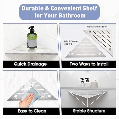 Shower Corner Shelf, 10'' Corner Shower Shelf with Towel Bar & Hooks, 2-Pack 304 Stainless Steel Recessed Bathroom Shelves, No Drilling for Tiled Wall (Brushed Nickel)
