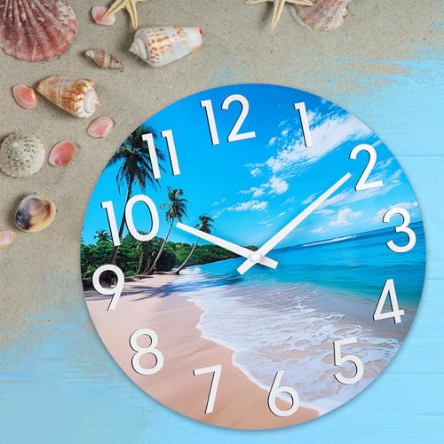 JoFomp Beach Outdoor Clocks for Patio, Large Outdoor Clocks Waterproof 14 Inch with Glass, Outdoor Wall Clocks Battery Operated, Pool Clock Outdoor Weatherproof, Outside Clock for Backyard/Garden