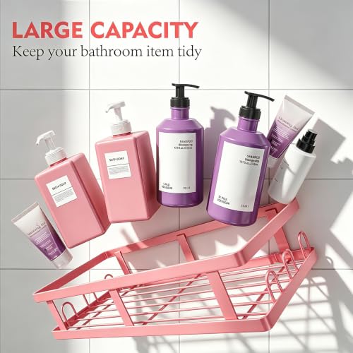 Pink Shower Caddy 6 Pack, Adhesive Shower Shelves | Pink Bathroom Decor, No Drilling, Rustproof, Large Capacity, 6 Adhesives, 24 Built-in Hooks, Dorm Apartment