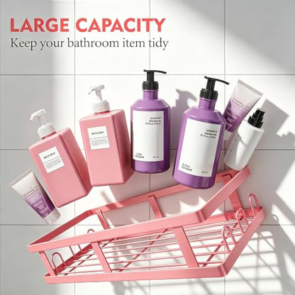 Pink Shower Caddy 6 Pack, Adhesive Shower Shelves | Pink Bathroom Decor, No Drilling, Rustproof, Large Capacity, 6 Adhesives, 24 Built-in Hooks, Dorm Apartment