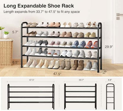 STO STO Long Expandable Shoe Rack 4-Tier, Adjustable Length 33.7”–47.5” Shoe Organizer, Metal Shoes Storage Shelf, Holds Up to 30 Pairs, Non-Slip Feet, for Closet, Entryway, Hallway, Front Door, Black