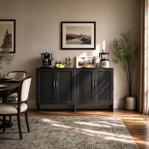 DHZ Buffet Cabinet with Storage, Farmhouse Sideboard with Black Rattan Doors & Adjustable Shelf, 31.5" Narrow Coffee Bar Cabinet, Kitchen Storage Credenza, Entryway Accent Liquor Cabinet