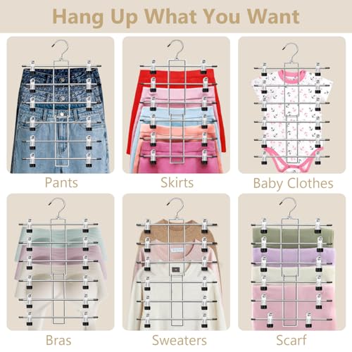 Pants Hangers with Clips,Space Saving Hanging Closet Organizer-6 Tiers Skirt Hangers with 360° Swivel Hook,Closet Organizer-Clothes Hangers- College Dorm Essentials Apartment Essentials- 4 Pack