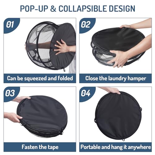 Mesh Popup Laundry Hamper 115L Foldable Laundry Basket Extra Large Capacity Collapsible Clothing Storage Basket with Handles 26 H x 18 W x 18 L (Black)