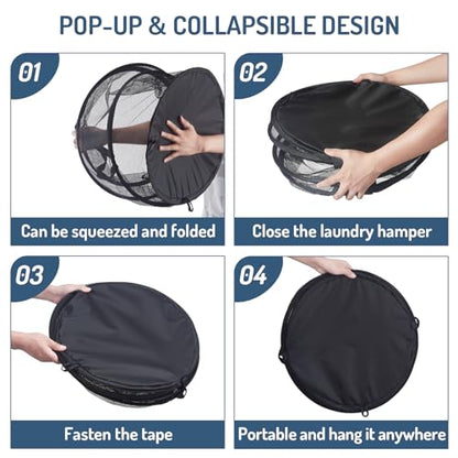 Mesh Popup Laundry Hamper 115L Foldable Laundry Basket Extra Large Capacity Collapsible Clothing Storage Basket with Handles 26 H x 18 W x 18 L (Black)