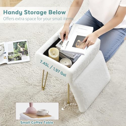 BRIAN & DANY Vanity Stool, Faux Fur Vanity Stool Chair with Storage, Rectangle Makeup Chair Soft Padded Seat with Legs for Bedroom (White)