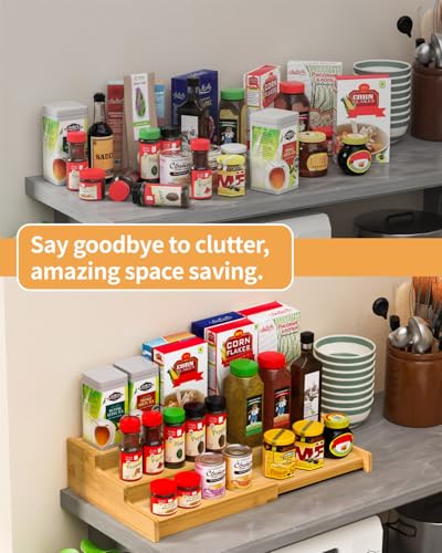Spice Rack 3-Tier Natural Bamboo, Adjustable Cabinet Organizer Shelf | Expands 8.7-15.6"cabinets. Stepped design, labels visible.Storage organizer saves space, easy wipe. For spices, jars,cans.