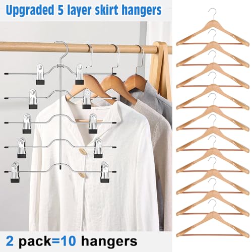 Pants Skirt Hangers with Clips 2 Pack 5 Tier | Pant Hangers Skirt Hangers Space Saving Closet Hanger Organizer Closet Organizers and Storage