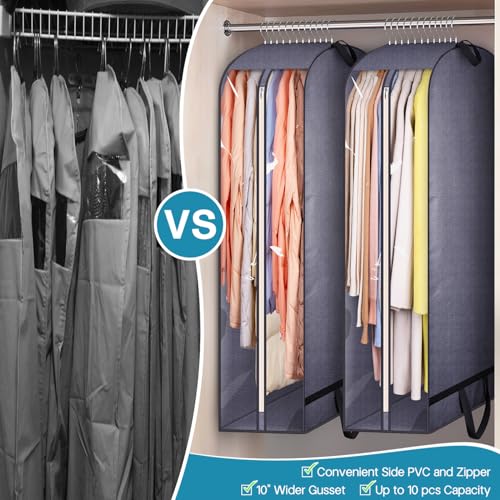 10" Gusseted Clear Garment Bags for Hanging Clothes Storage, 43" Suit Bags for Closet Storage with Handles, Garment Covers for Coats, Jackets, Sweaters (2 Packs, Grey)