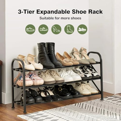 3-Tier Shoe Rack for Closet, 16"-32" Expandable Shoe Rack Adjustable for Entryway Closet Doorway Sturdy Metal, Black