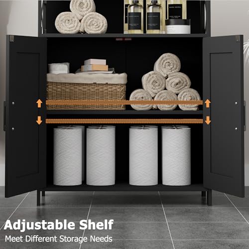Farmhouse Bathroom Storage Cabinet with Doors, Small Floor Cabinet | Toilet Paper Cabinet with Adjustable Shelf, Freestanding Storage Cabinet for Kitchen/Laundry/Living Room, 24"W, Black
