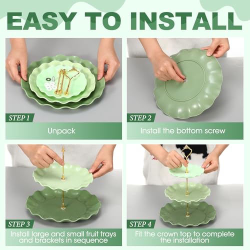 FoldTier 6 Pack Cupcake Stand Set 3 Pcs 3 Tier Gradient Dessert Table Display Stands Cookie Tray Rack 3 X14 in Rectangle Party Trays for Wedding Birthday Tea Party Baby Shower(Green,Round)